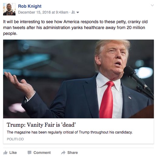 "It will be interesting to see how America responds to these petty, cranky old man tweets after his administration yanks healthcare away from 20 million people."