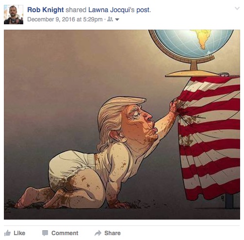 Cartoon of Donald Trump as a baby with a poopie diaper