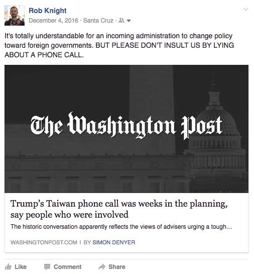 "It's totally understandable for an incoming administration to change policy toward foreign governments. BUT PLEASE DON'T INSULT US BY LYING ABOUT A PHONE CALL."