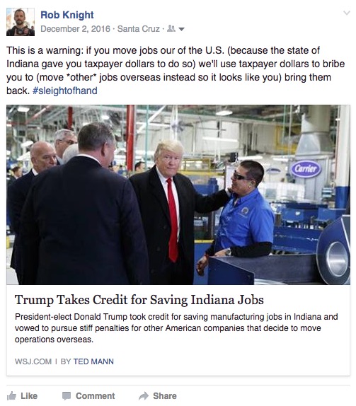 "This is a warning: if you move jobs our of the U.S. (because the state of Indiana gave you taxpayer dollars to do so) we'll use taxpayer dollars to bribe you to (move other jobs overseas instead so it looks like you) bring them back."