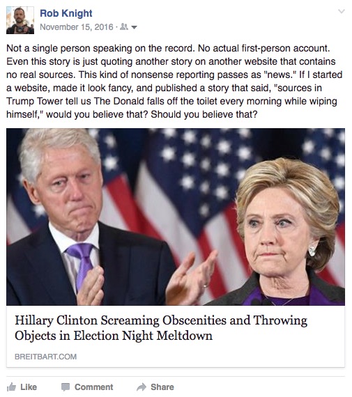 "Not a single person speaking on the record. No actual first-person account. Even this story is just quoting another story on another website that contains no real sources. This kind of nonsense reporting passes as 'news.' If I started a website, made it look fancy, and published a story that said, 'sources in Trump Tower tell us The Donald falls off the toilet every morning while wiping himself,' would you believe that? Should you believe that?"